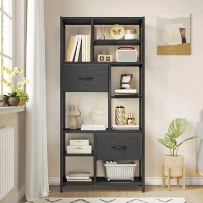 Image of YITAHOME Bookshelf with Drawers, 7 Tier Bookcase Steel Frame Floorstanding Book Rack, Industrial Shelving Unit Storage Rack for Living Room Office Hallway Kitchen, Black Shelves