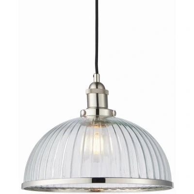 Image of Hansen 1 Light Pendant Bright Nickel, Ribbed Glass, E27