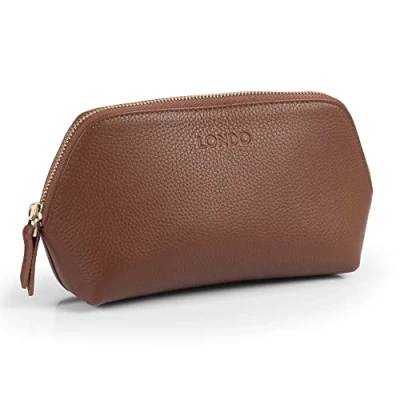 Image of LONDO Genuine Leather Makeup Bag Cosmetic Pouch Travel Organizer Toiletry Clutch (Light Brown)