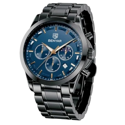 Image of BENYAR Mens Watch Analog Quartz Movement Chronograph Stylish Casual Business Work Men&#039;s Wrist with Stainless Steel Bracelets Waterproof Luminous Date Watches Elegant Gift for Men