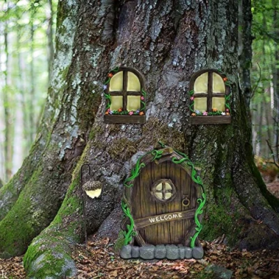Image of Meyas Outdoor Statues Garden Sculptures Decoration Figurines,Miniature Fairy Mystical Window and Door,Yard Art Waterproof Sculpture Tree Face,Patio Lawn Ornament Gift Glow in The Dark