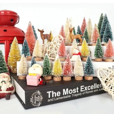 Image of 35pcs Mini Miniature Christmas Pine Tree Bottle Brush Trees Wooden Bases for Your Village Desktop Xmas Holiday Party (Pink,Yellow,Blue,Green,Beige)