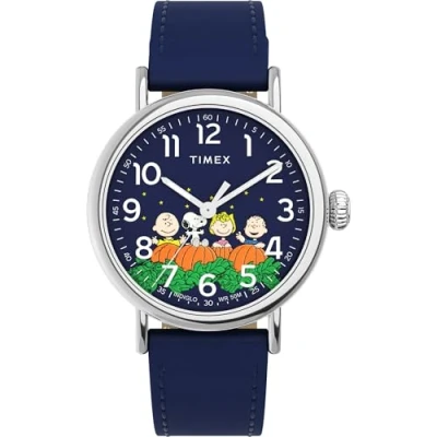 Image of Timex x Peanuts Men&#039;s Standard Pumpkin Patch 40mm Watch Blue Strap Dial Silver Tone Case, Blue,