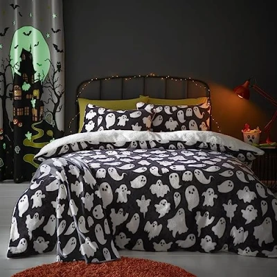 Image of Bedlam Halloween Spooky Ghost Fleece Duvet Cover Double Bedding Size (200 x 200cm) Reversible Design Soft &amp; Cosy Teddy in White Cute Decorations/Bedding