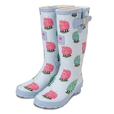 Image of Onlineshoe Women’s Funky Flat Wellie Wellington Festival Rain Boots Assorted Colours 8 Cow