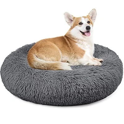 Image of Enjamoy Plush Donut Dog Bed, Calming Round Cat Bed Soft and Fluffy Cuddler Pet Cushion Self Warming Puppy Beds Machine Washable, Dark Grey 70cm