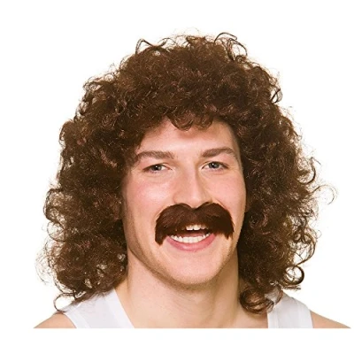 Image of Wicked Costumes Adult 80&#039;s Brown Perm with Tash Fancy Dress Wig