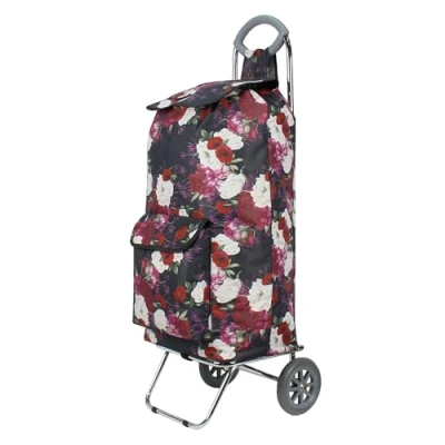 Image of Rocklands London® 60 Litre Folding Shopping Trolley Chrome Steel Frame Wheeled Cart Grocery Bag (Purple Floral)