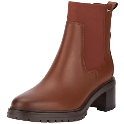Image of Tommy Hilfiger FLAG MID HEEL Chelsea Classic ankle boots, Women&#039;s, Size: 7, Cognac brown Leather