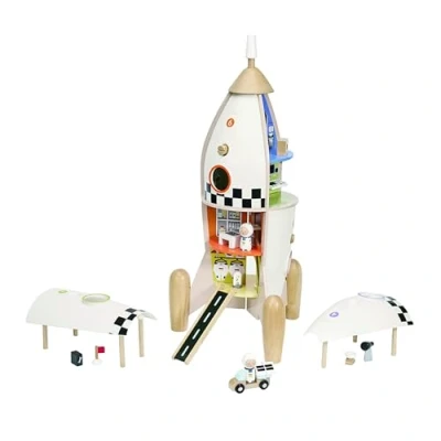Image of Classic World Wooden Rocket Ship Space Toy Building Set Activity Includes Little Astronaut Figurines Ideal Christmas Stocking Filler Suitable for 3+ Years Old
