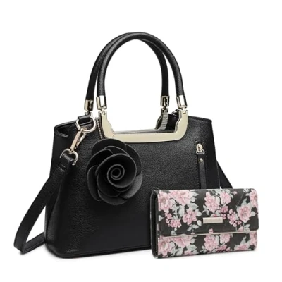 Image of Miss Lulu Women&#039;s Handbag with Flowers Wallet, Shoulder Bag, Elegant Faux Leather, Retro Bag