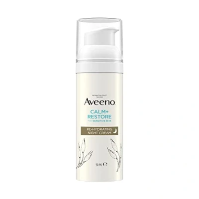 Image of Aveeno Face CALM+RESTORE Re Hydrating Night Cream, Intensely Nourishes, With Shea Butter &amp; Prebiotic Oat, For Sensitive Skin, Fragrance Free, 50ml