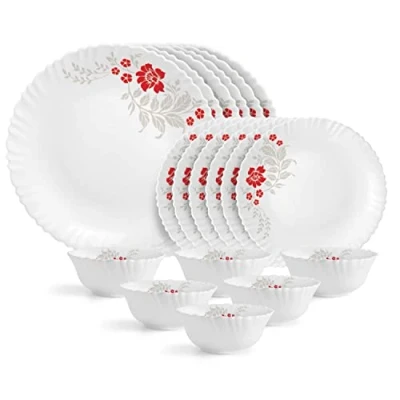 Image of HIMANSH STORE Opalware Dazzle Series Scarlet Bliss Dinner Set, 18 Units Opal Glass Set for 6 Light Weight, Daily Use Crockery Dining White Plate and Bowl
