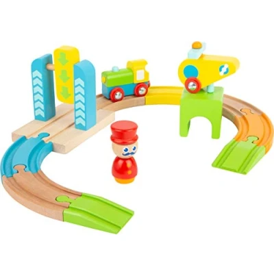Image of Small Foot 11493 Wooden Railway Set, with Locomotive and Helicopter, in Bright Colours, for Infants From 1 Year Old