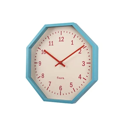 Image of FISURA Original octagonal blue wall clock. Modern clock kitchen. Non ticking 30 centimetres diameter. ABS and Glass. 1 AA Battery.
