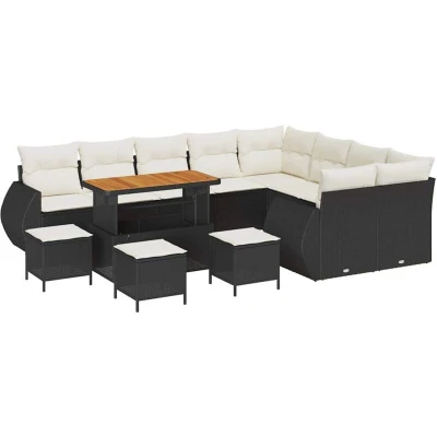 Image of vidaXL 13 Piece Garden Sofa Set with Cushions Black Poly Rattan Acacia