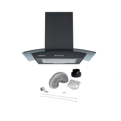 Image of Cookology CGL600BK/A DK1M150 60cm Curved Glass Chimney Cooker Hood in Black with Ducting Kit