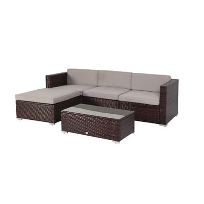 Image of EVRE California Brown Outdoor Rattan Garden Furniture Conversation Set with Handwoven PE Wicker Sectional Sofa Glass Top Table Cushions for Patio Deck Conservatory