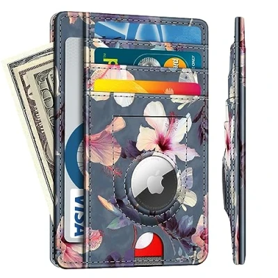 Image of Fintie Slim Minimalist Front Pocket Wallet with Built in Case Holder for AirTag, 7 Slots Leather AirTag Holder, RFID Blocking Cash Credit Card Compatible Blossom,