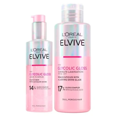 Image of L&#039;Oréal Paris Elvive Glycolic Gloss Acid Hair Set with Leave In Serum for Porous and Dull Intense Long Lasting Shine 150ml + 5 Minute Lamination Treatment 200ml 2 Bottles
