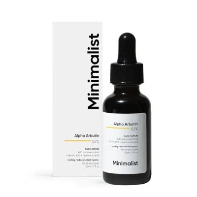 Image of Minimalist 2% Alpha Arbutin Serum For Pigmentation &amp; Dark Spots Removal Antipigmentation Face Men Women with Hyaluronic Acid to Remove Blemishes, Acne Marks Tanning, Transparent, 30 ml