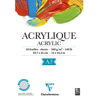 Image of Clairefontaine Ref 96309C Acrylic Paper Pad (10 Sheets) A3 (297 x 420mm) in Size, 360gsm Paper, Acid Free, pH Neutral Suitable for Use With &amp; Gouache Paints