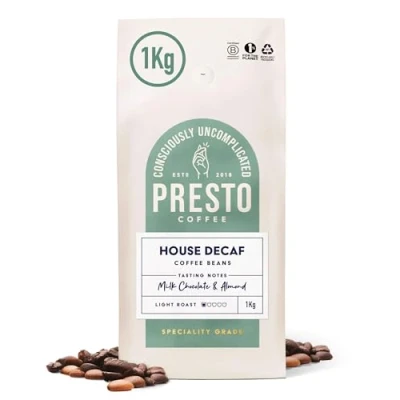 Image of Presto Coffee Decaffeinated Speciality Beans 1kg Light Roast Chocolatey &amp; Peanuty Rainforest Alliance Certified 100% Arabica Perfect for Bean to Cup Machines