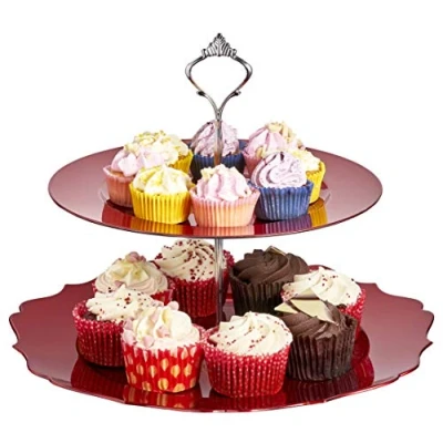 Image of New Large Cake Stand 2 Tier Round Display with Fittings Plates Size: 35cm &amp; 25cm (Gold) (Red)