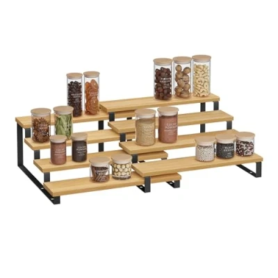 Image of SONGMICS Spice Rack, Set of 2 Cabinet Shelf Organisers, 4 Tier Extendable Holder, Engineered Wood, Stackable, for Pantry, Cupboard, Countertop, Natural Beige and Ink Black KCS216N01