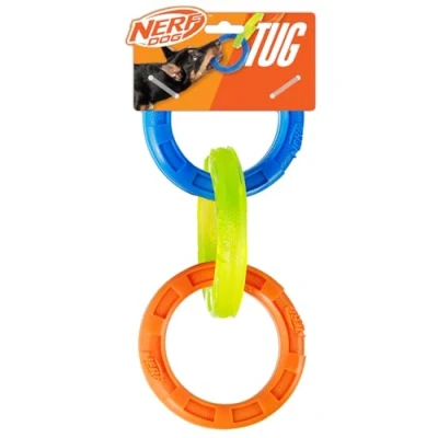 Image of Nerf Dog Rubber 3 Ring Tug Toy, Lightweight, Durable and Water Resistant, 10.5 Inches, for Medium/Large Breeds, Single Unit, Blue/Green/Orange
