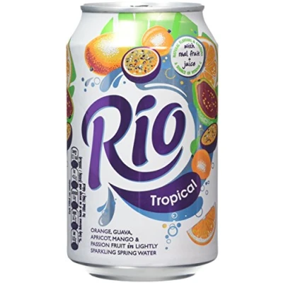 Image of Rio Tropical Original Fizzy Drinks Cans 24 Soft Drink Pack with Real Orange, Apricot, Mango, Passion Fruit and Guava Juice Flavours Lightly Sparkling of Pop Vitamin C 24x330ml