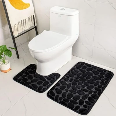 Image of 2 Piece Non Slip Pedestal Bath Mat Set, ele ELEOPTION Breathable Memory Foam Mats Soft Comfortable Water Absorbent Toilet Bathroom Rug Backing (Black)