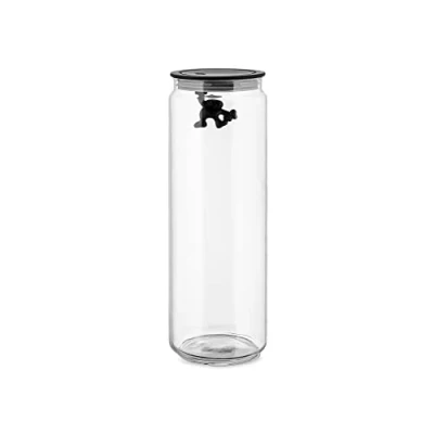 Image of Alessi Glass Gianni Jar A Little Man Holding On Tight Extra Large Kitchen Box with Hermetic Lid in Thermoplastic Resin, Black, 2000 ml