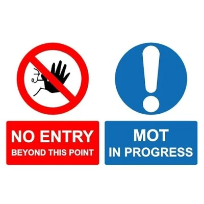 Image of No entry beyond this point mot in progress safety sign Self adhesive sticker (400mm x 300mm)