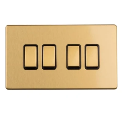 Image of 4 GANG 10AMP 2WAY SWITCH FLAT CONCEALED SATIN BRASS PLATE MATCHING ROCKERS