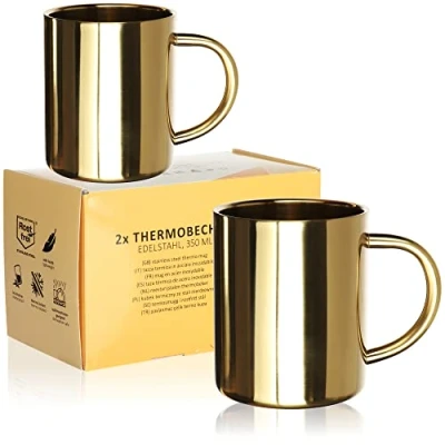 Image of Robin Goods® 2x stainless steel mugs 350ml each thermal mug shatterproof drinking double walled insulating gold colored (2 pieces colored)
