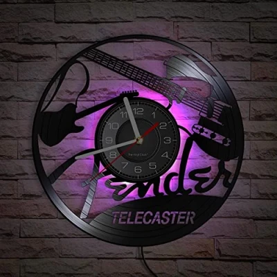 Image of Smotly Vinyl wall Clock, Music Guitar Instrument Theme Pattern clock with LED Night Light, is a gift for friends who love music. (seven colors)
