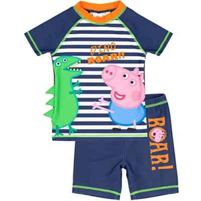Image of Peppa Pig George Swimsuit for Boys Blue Character Dinosaur Roar Two Piece Top Shorts Bathing Suit Swim Set Kids Animated Series Swimwear