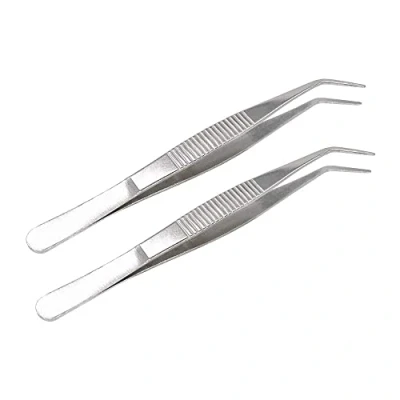 Image of MMOBIEL 2 Pcs Stainless Steel Tweezers 12cm / 5inch with Curved Serrated Tip Professional Multi Purpose Tongs Tool for Industrial Work, Laboratory Use, Gardening, Cooking