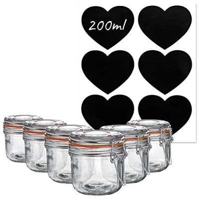 Image of Argon Tableware Glass Storage Jars with Labels Vintage Food Preserving Container Clip Lid 200ml Orange, White, Clear &amp; Black Seals Pack of 6
