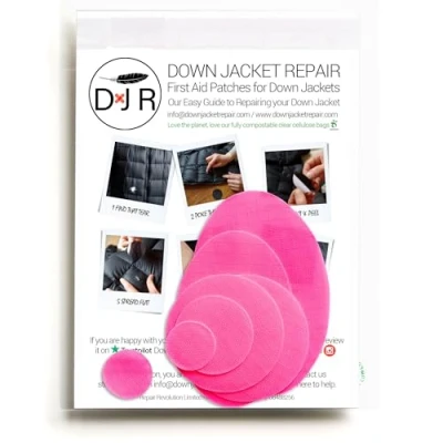 Image of Down Jacket Repair Patches: Easy to Use, Pre Cut, Self Adhesive, Waterproof, Tear Resistant Ripstop Nylon Fabric for Repairing Clothing, Sleeping Bags, Tents, Outdoor Gear Pink