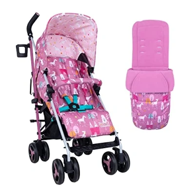 Image of Cosatto Supa 3 Pushchair with Footmuff Lightweight Stroller from Birth to 25Kg Easy, Compact, Umbrella Fold, Large Shopping Basket, Carry Handle Footmuff, Dusky Unicorn Land