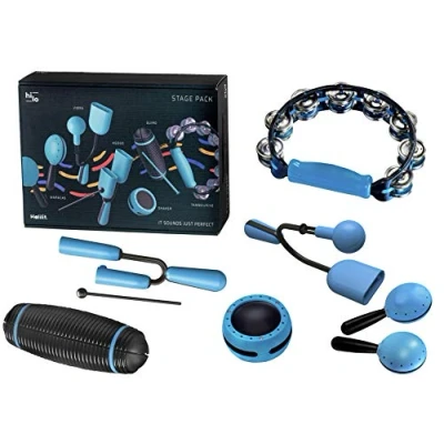Image of Halilit Hi Lo Musical Instrument 7 Piece Stage Pack. Gift Set For Percussionists. Adults &amp; Children Tambourine Guiro Shaker Maracas Agogo Vibra