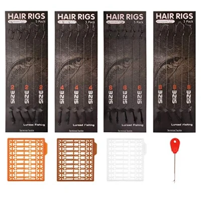 Image of Luroad Carp Fishing Hair Rigs, 20 Pcs Curved Barbless Hook Anti Tangle Swivel Braided Thread line with 3 Card Boilie Bait Stops Dumbell Stoppers and Stringer Needle, Size 6