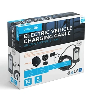 Image of Simply Auto EV007 Electric Vehicle Fast Charging, Lightweight, Durable and Flexable Cable UK 3 Pin to Type 2 5M compatible with BMW, Porsche, Jaguar, Tesla