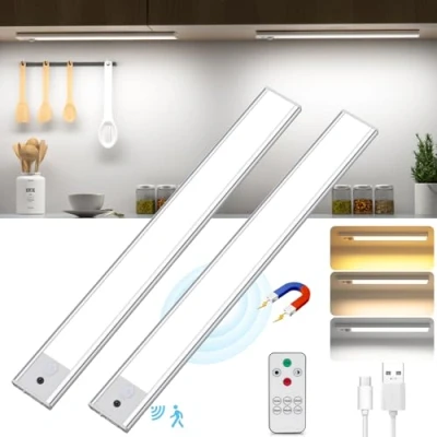 Image of Under Cabinet Kitchen Lights with Remote Control, Motion Sensor Indoor 2 Pack 41CM Rechargeable Light 3 Color Temperature Wireless 2500mAH Battery for Kitchen, Wardrobe, Cupboard
