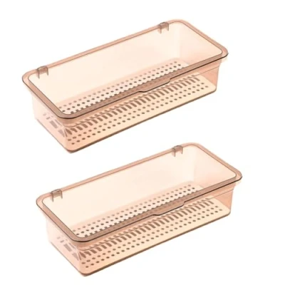Image of AMIUHOUN Flatware Tray (2Pcs), Utensil Storage Organizer with Lid, Transparent Brown, Protects Cutlery from Damage, Stackable, Rectangular, 27x11.5x6.5cm