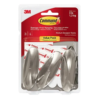 Image of Command Designer Hooks, Medium, Brushed Nickel, 3 Hooks (17081BN 3ES), Great for dorm decor