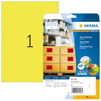 Image of HERMA Self Adhesive Coloured Labels, 1 Label per A4 Sheet, 20 Sheets, 210 x 297 mm, Blank Colour Labels Stickers, Sticky for Laser &amp; Inkjet Printer, Neon Yellow