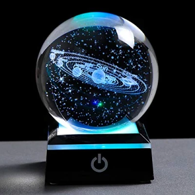 Image of 3.15&quot; (80 mm) Solar System Crystal Ball 3D Sun Planets Model Globe with LED Base Home Decorative Ornament Astronomy Gifts (Black base)